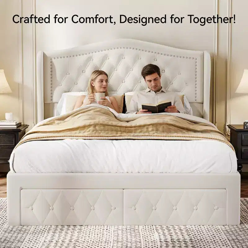 Dyonery Struttura Letto Matrimoniale, Letto a Piattaforma Rivestito in Velluto - Testiera a Onde Alta 133,6 cm e Trapuntata Verticale, 2 Cassetti portaoggetti, Nessuna Rete a Molle