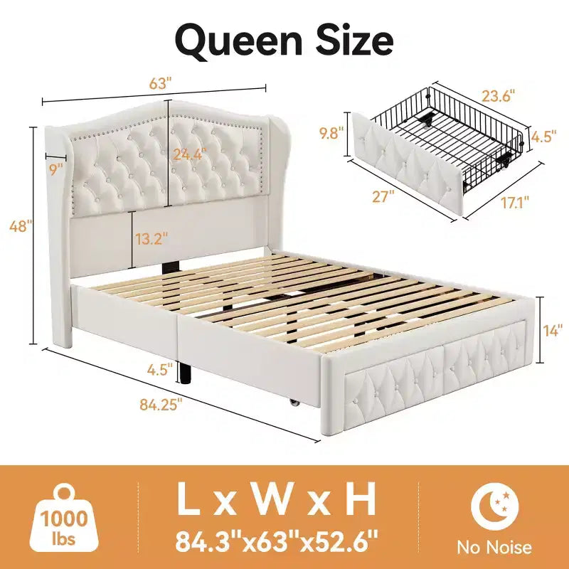 Dyonery Struttura Letto Matrimoniale, Letto a Piattaforma Rivestito in Velluto - Testiera a Onde Alta 133,6 cm e Trapuntata Verticale, 2 Cassetti portaoggetti, Nessuna Rete a Molle