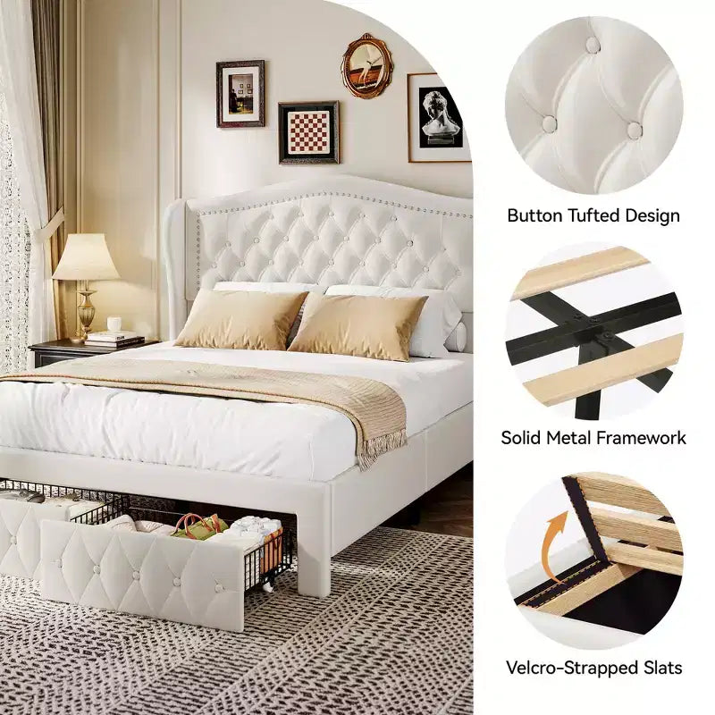 Dyonery Struttura Letto Matrimoniale, Letto a Piattaforma Rivestito in Velluto - Testiera a Onde Alta 133,6 cm e Trapuntata Verticale, 2 Cassetti portaoggetti, Nessuna Rete a Molle