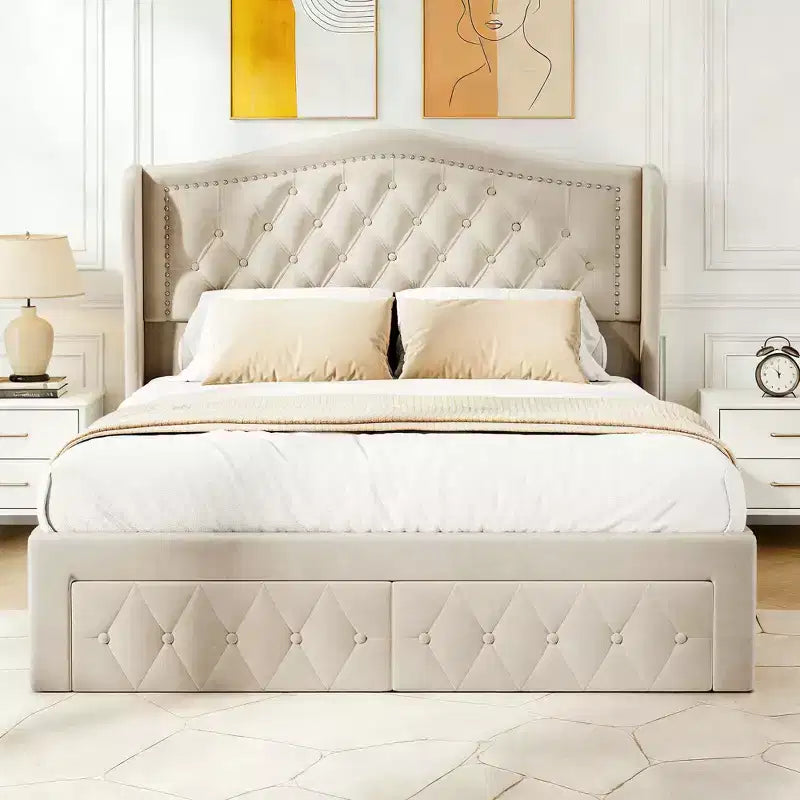 Dyonery Bed Frame Queen Size,Velvet Upholstered Platform Bed - 52.6 Tall Wingback & Vertical Tufted Headboard,2 Storage Drawers,No Box Spring