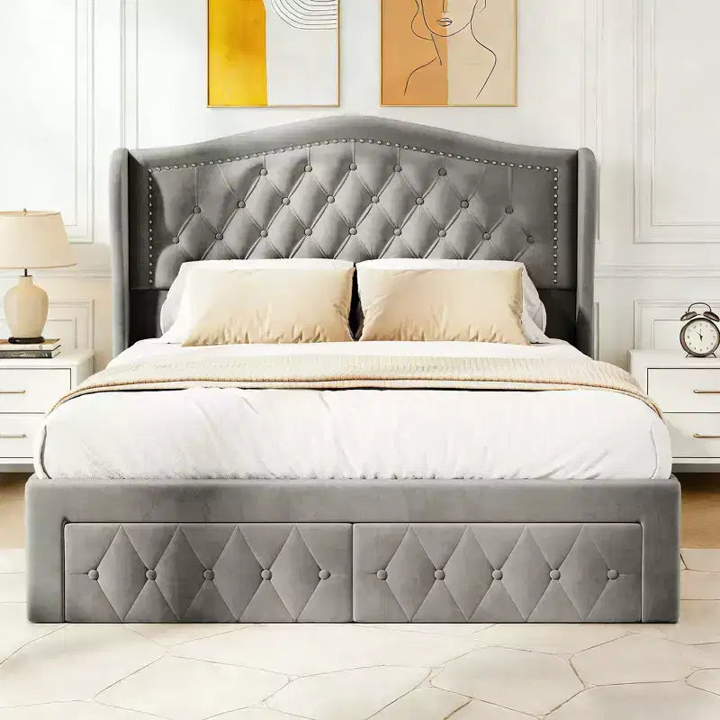 Dyonery Bed Frame Queen Size,Velvet Upholstered Platform Bed - 52.6 Tall Wingback & Vertical Tufted Headboard,2 Storage Drawers,No Box Spring