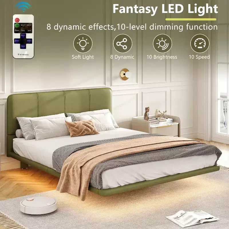 Telaio letto flottante Full/Queen Size con luce a LED, piattaforma letto moderna in pelle PU per camera da letto