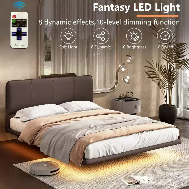 Telaio letto flottante Full/Queen Size con luce a LED, piattaforma letto moderna in pelle PU per camera da letto