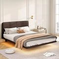 Full/Queen Size Floating Bed Frame with LED Light, Modern PU Leather Platform Bedframe for Bedroom