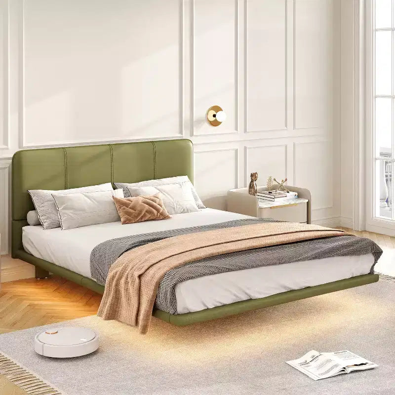 Telaio letto flottante Full/Queen Size con luce a LED, piattaforma letto moderna in pelle PU per camera da letto