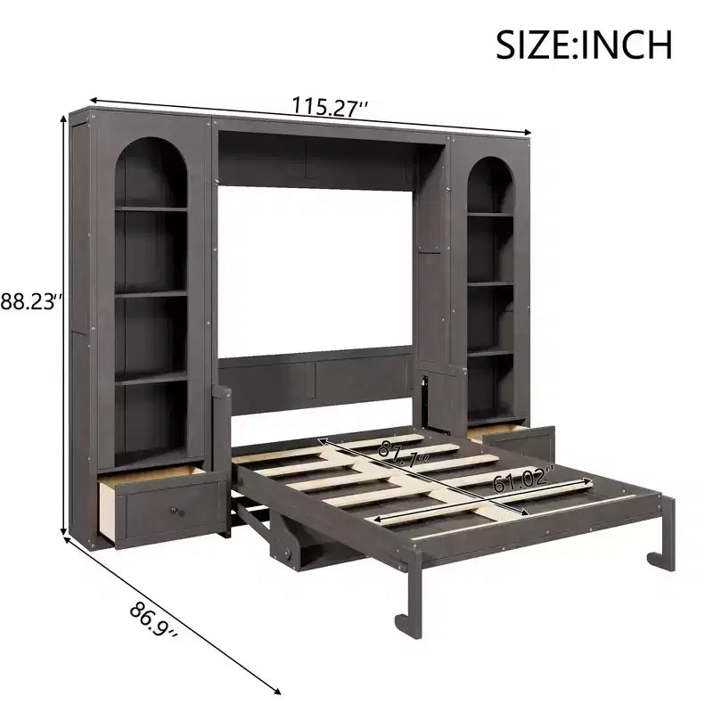 Queen Size Murphy Bed Wall Bed with Side Cabinets and LED Light, Cabinet Bed Folding Wall Bed with Storage Shelves and Drawers for Guest Room, Gray