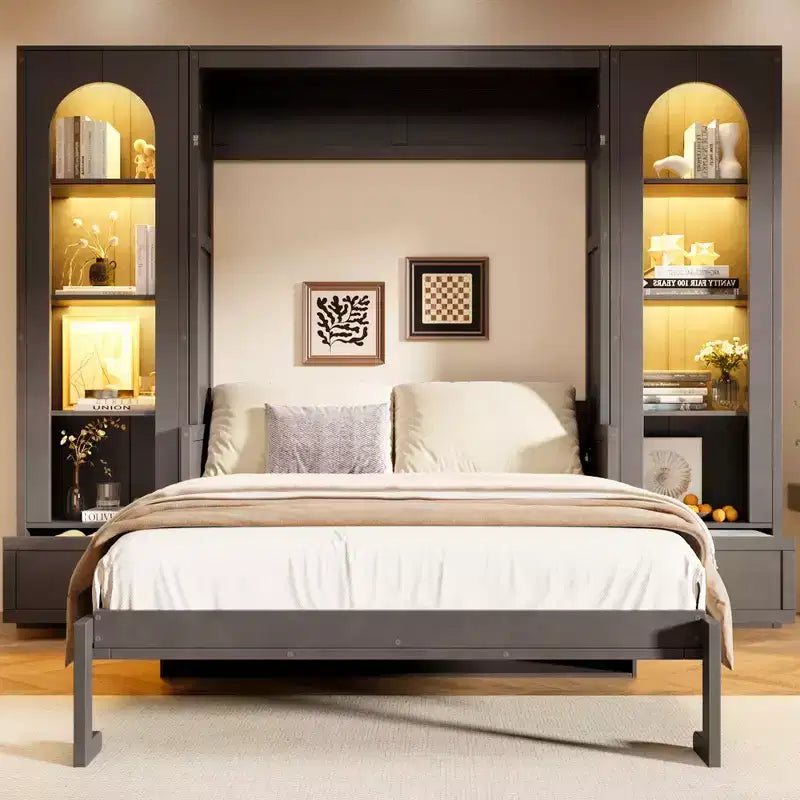 Queen Size Murphy Bed Wall Bed with Side Cabinets and LED Light, Cabinet Bed Folding Wall Bed with Storage Shelves and Drawers for Guest Room, Gray