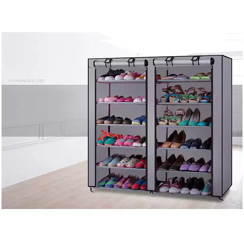 6-Row 2-Line 12 Lattices Non-woven Fabric Shoe Rack Gray
