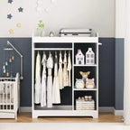 Porta Abiti per Bambini con Specchio, Organizzatore di Costumi in Legno con Asta Appendiabiti, Ganci e Ripiani, Bianco