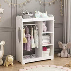 Porta Abiti per Bambini con Specchio, Organizzatore di Costumi in Legno con Asta Appendiabiti, Ganci e Ripiani, Bianco