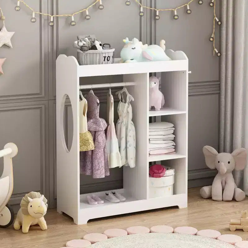 Kids Dress Up Storage Rack with Mirror, Wooden Costume Organizer with Hanging Rod, Hooks & Shelves, White