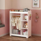 Porta Abiti per Bambini con Specchio, Organizzatore di Costumi in Legno con Asta Appendiabiti, Ganci e Ripiani, Bianco
