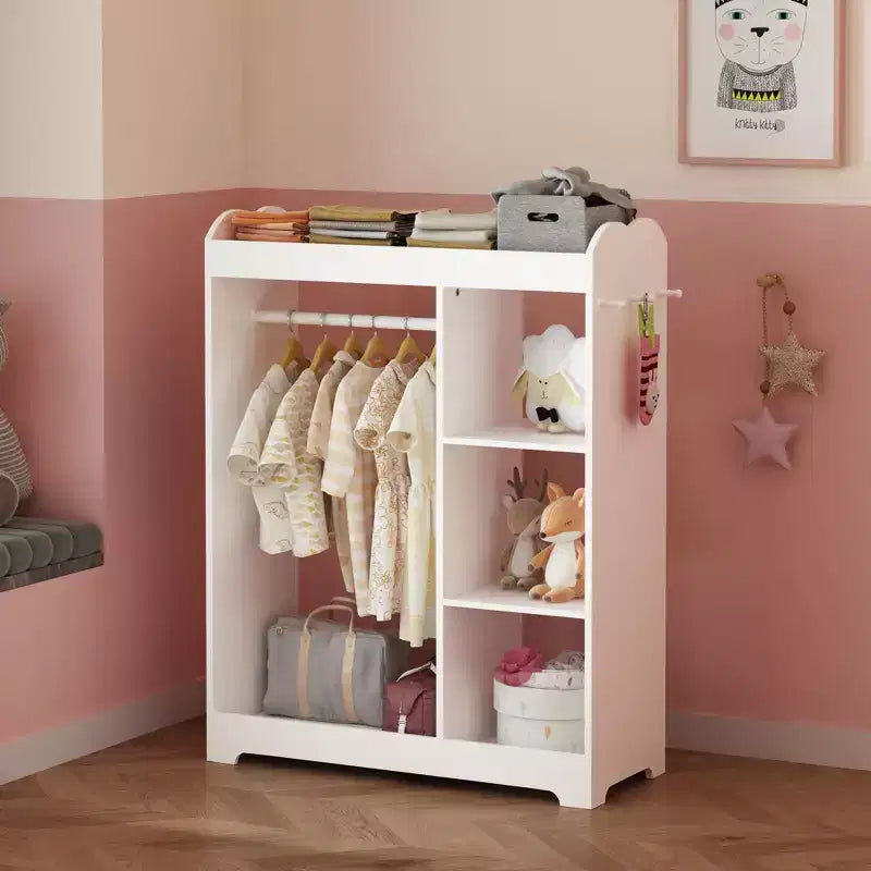 Kids Dress Up Storage Rack with Mirror, Wooden Costume Organizer with Hanging Rod, Hooks & Shelves, White