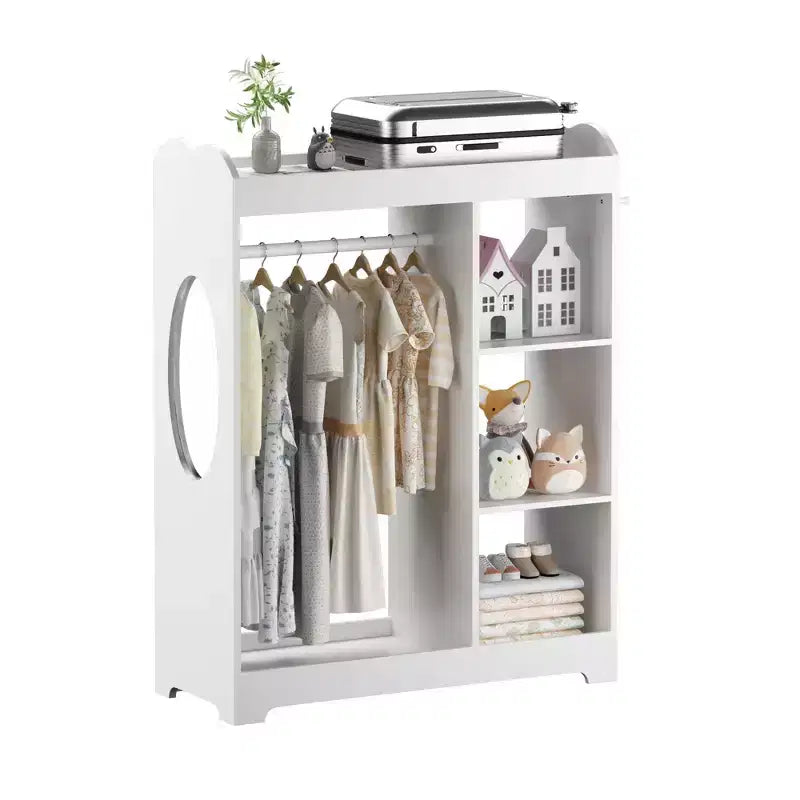 Kids Dress Up Storage Rack with Mirror, Wooden Costume Organizer with Hanging Rod, Hooks & Shelves, White