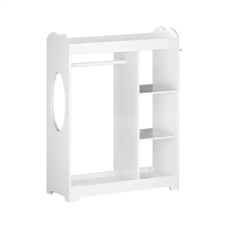 Kids Dress Up Storage Rack with Mirror, Wooden Costume Organizer with Hanging Rod, Hooks & Shelves, White