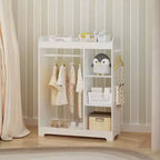 Porta Abiti per Bambini con Specchio, Organizzatore di Costumi in Legno con Asta Appendiabiti, Ganci e Ripiani, Bianco
