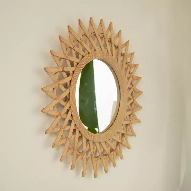 Specchio da parete decorativo rotondo moderno in bambù da 24 pollici con lavorazione intrecciata, piccolo specchio circolare per ingresso o soggiorno - Panipeachy