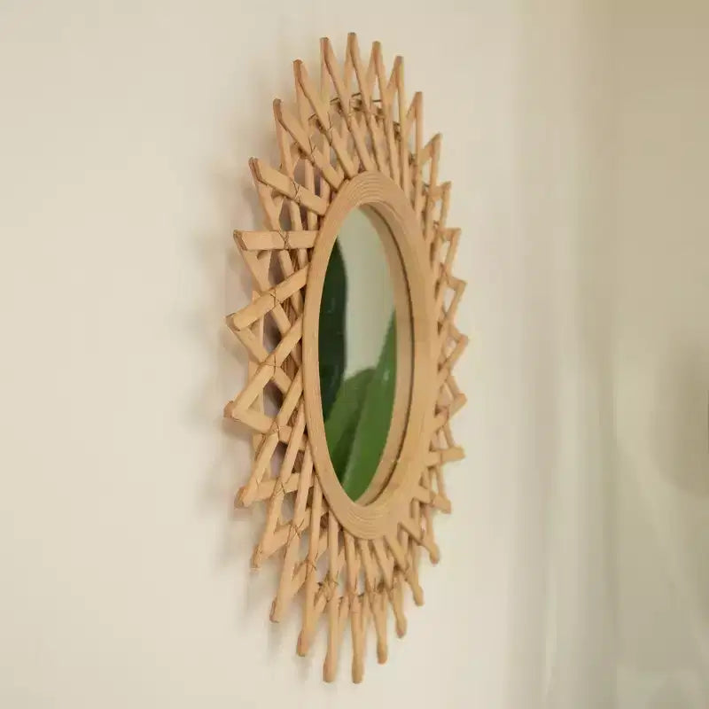 Specchio da parete decorativo rotondo moderno in bambù da 24 pollici con lavorazione intrecciata, piccolo specchio circolare per ingresso o soggiorno - Panipeachy