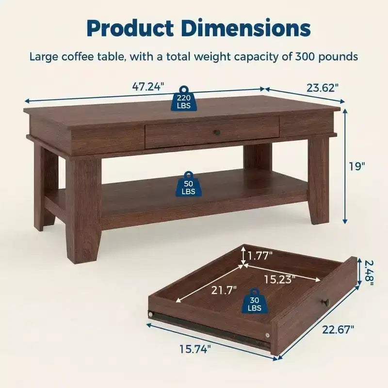 47.2 Rustic Farmhouse Coffee Table  300 Lb Capacity, with Drawer & Storage Shelf  Perfect for Living Room (1-Pack)