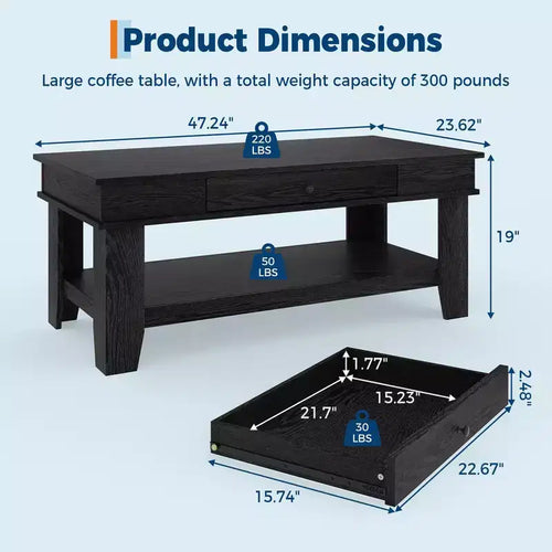 47.2 Rustic Farmhouse Coffee Table  300 Lb Capacity, with Drawer & Storage Shelf  Perfect for Living Room (1-Pack)