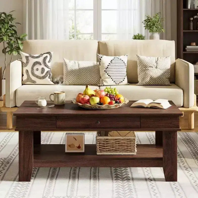 47.2 Rustic Farmhouse Coffee Table  300 Lb Capacity, with Drawer & Storage Shelf  Perfect for Living Room (1-Pack)