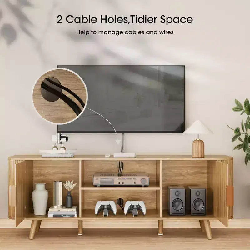 55 Inch Media Console for Bedroom Living Room Oak TV Stand for 65 Inch TV Mid Century Modern Cabinet Fluted Wood Detail Cable Management