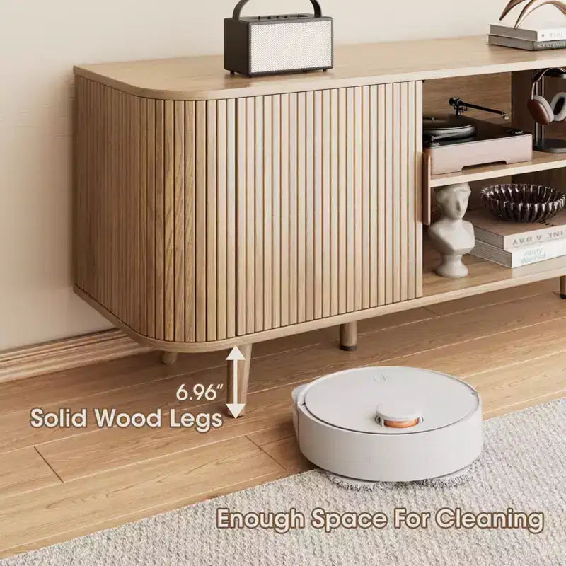 55 Inch Media Console for Bedroom Living Room Oak TV Stand for 65 Inch TV Mid Century Modern Cabinet Fluted Wood Detail Cable Management