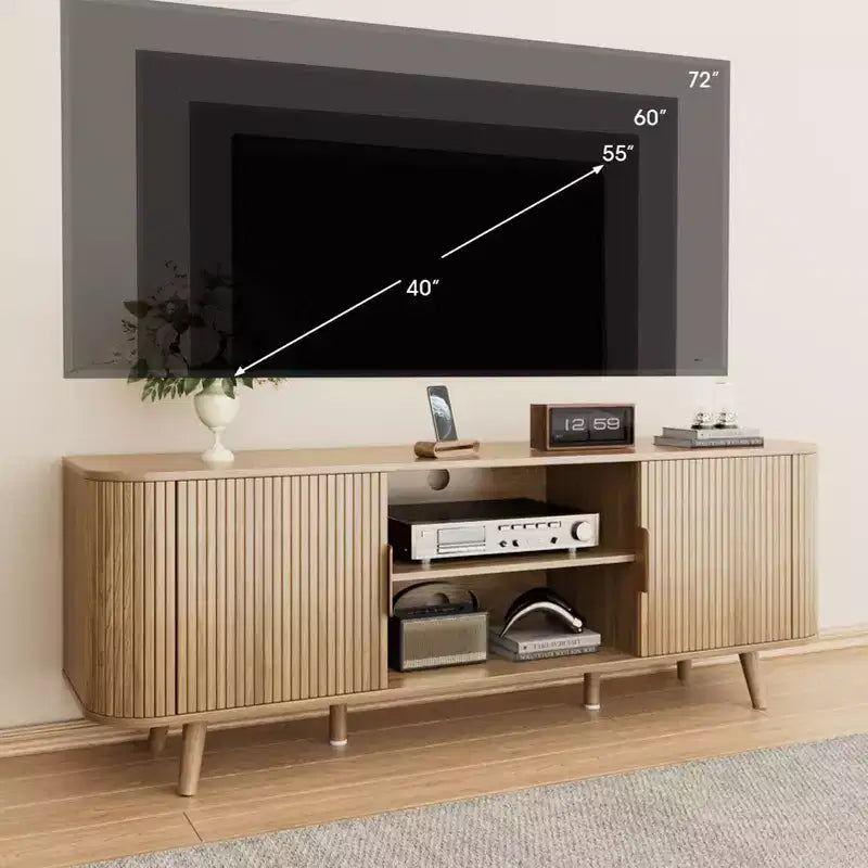 55 Inch Media Console for Bedroom Living Room Oak TV Stand for 65 Inch TV Mid Century Modern Cabinet Fluted Wood Detail Cable Management