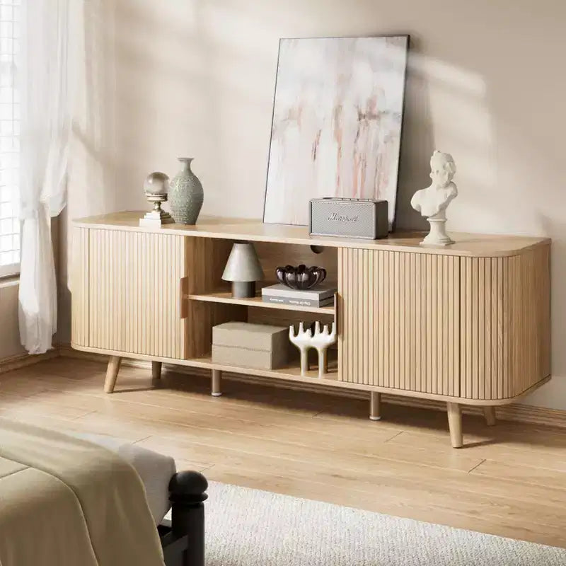 55 Inch Media Console for Bedroom Living Room Oak TV Stand for 65 Inch TV Mid Century Modern Cabinet Fluted Wood Detail Cable Management