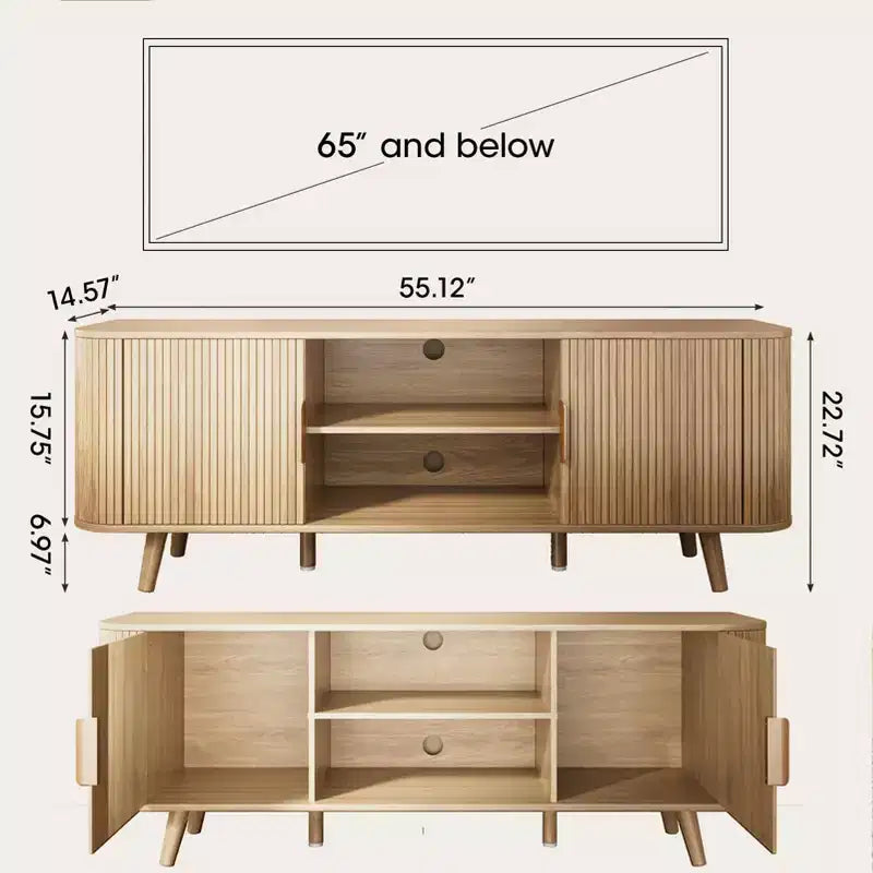 55 Inch Media Console for Bedroom Living Room Oak TV Stand for 65 Inch TV Mid Century Modern Cabinet Fluted Wood Detail Cable Management