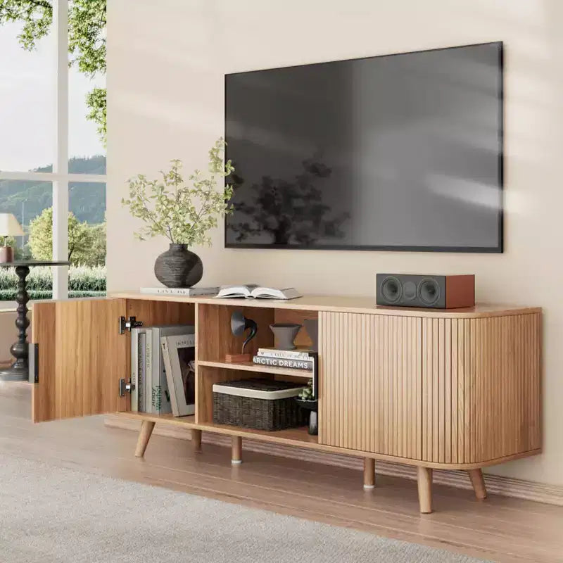55 Inch Media Console for Bedroom Living Room Oak TV Stand for 65 Inch TV Mid Century Modern Cabinet Fluted Wood Detail Cable Management