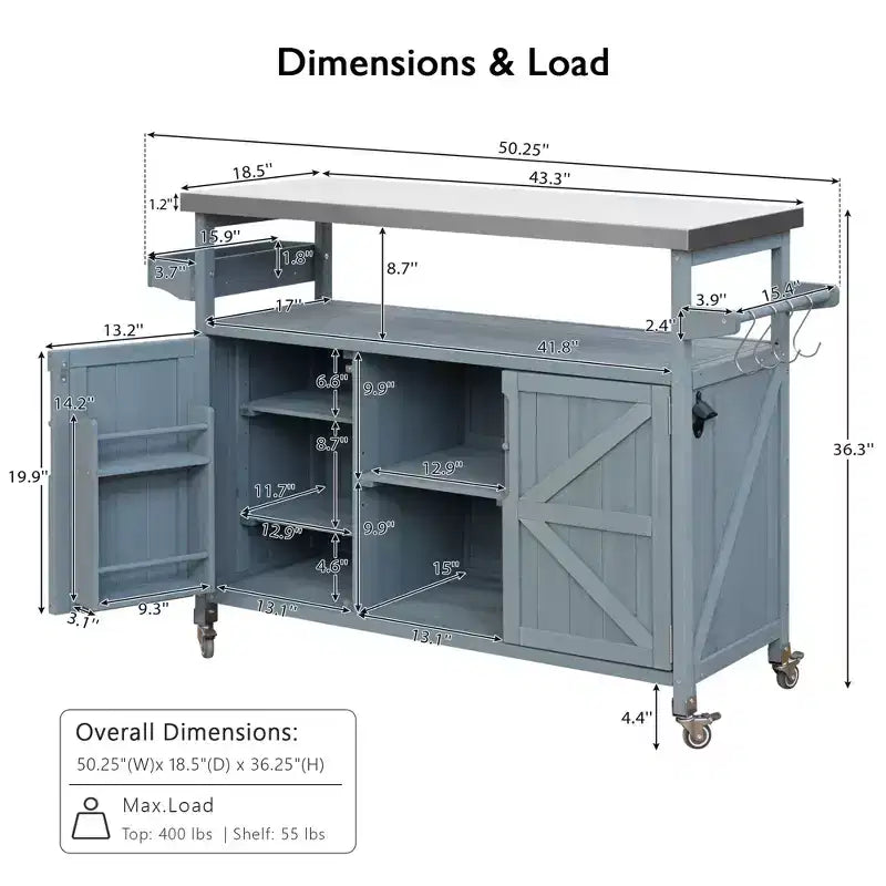 JVNOXK Isola Cucina Mobile da Esterno e Mobile Contenitore Stile Rustico Piano in Acciaio Inox Portaspezie Adatto per Cucine Grigio-Blu