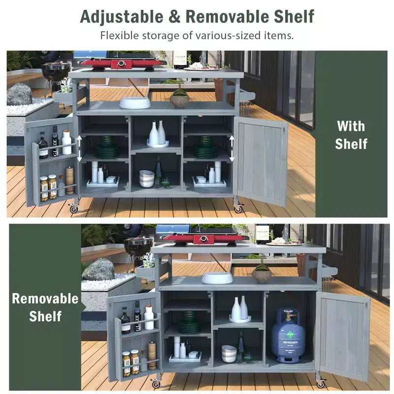 JVNOXK Outdoor Mobile Kitchen Island & Storage Cabinet Farmhouse Style Stainless Steel Countertop Spice Rack Suitable for Kitchens Gray-Blue
