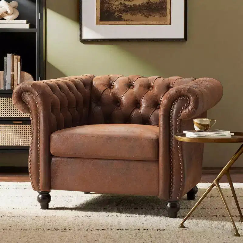 Whisen Modern Chesterfield Accent Chair, Club Chair with Scrolled Arms, Nailhead Trim and Solid Wood Legs