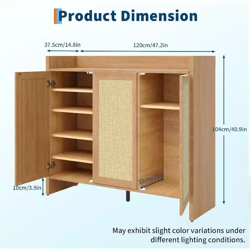 Rattan Shoe Storage Cabinet, Wooden Shoe Rack Organizer Cabinet with 3 Doors and Adjustable Shelves for Entryway Living Room Hallway