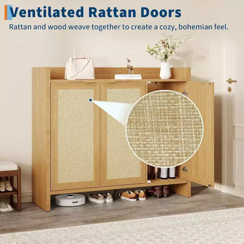 Rattan Shoe Storage Cabinet, Wooden Shoe Rack Organizer Cabinet with 3 Doors and Adjustable Shelves for Entryway Living Room Hallway