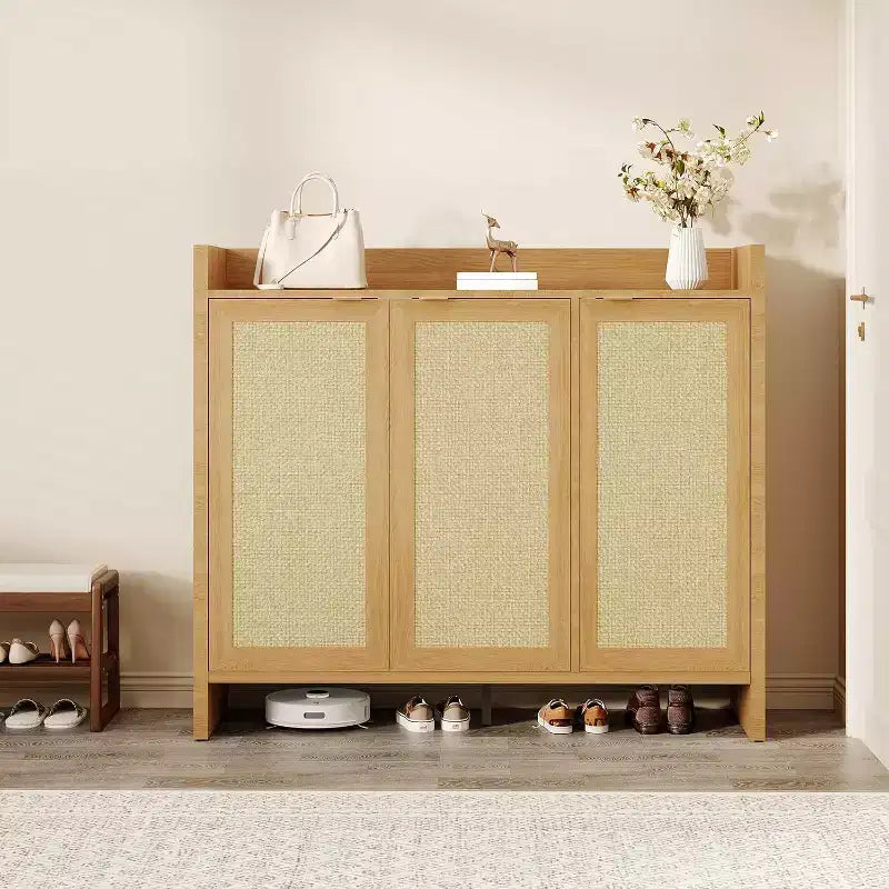 Rattan Shoe Storage Cabinet, Wooden Shoe Rack Organizer Cabinet with 3 Doors and Adjustable Shelves for Entryway Living Room Hallway