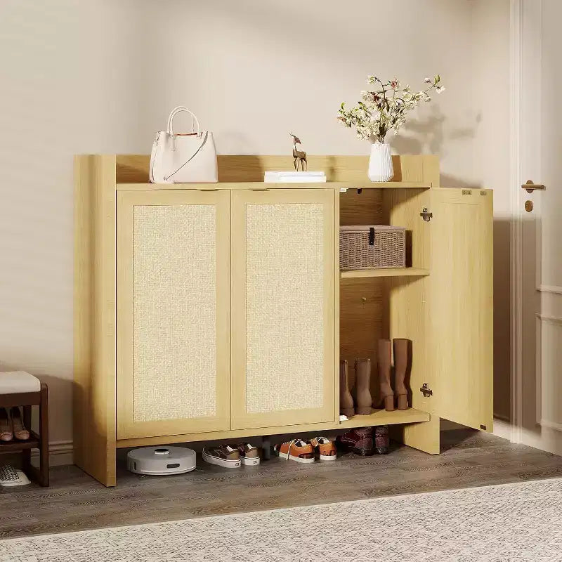 Rattan Shoe Storage Cabinet, Wooden Shoe Rack Organizer Cabinet with 3 Doors and Adjustable Shelves for Entryway Living Room Hallway