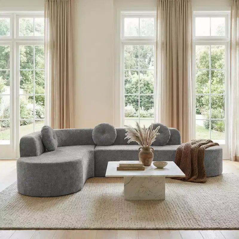 Whisen 122'' Extra Large Sectional Sofa, Elegant Fabric Upholstery Sofa Couch with Three Round Cushions , High-Resilience Foam