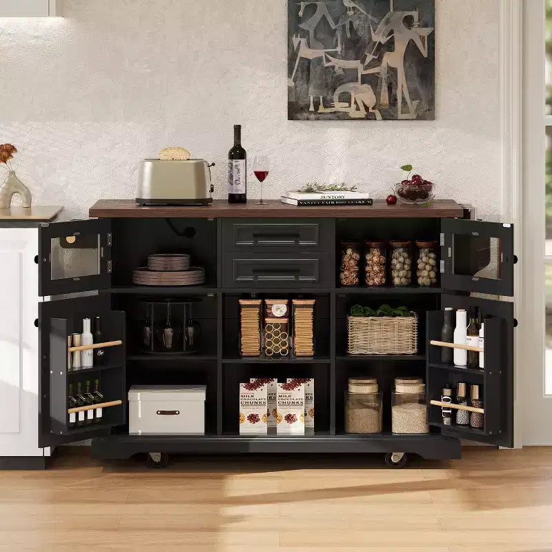 Isola da Cucina sumyeg 54.9 con Piano Ribaltabile, Presa Elettrica, Carrello Contenitore con Ante in Vetro e a Battente, 4 Ripiani e Ruote (Senza Sgabelli)