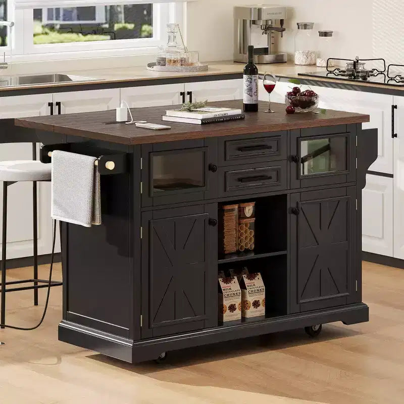Isola da Cucina sumyeg 54.9 con Piano Ribaltabile, Presa Elettrica, Carrello Contenitore con Ante in Vetro e a Battente, 4 Ripiani e Ruote (Senza Sgabelli)