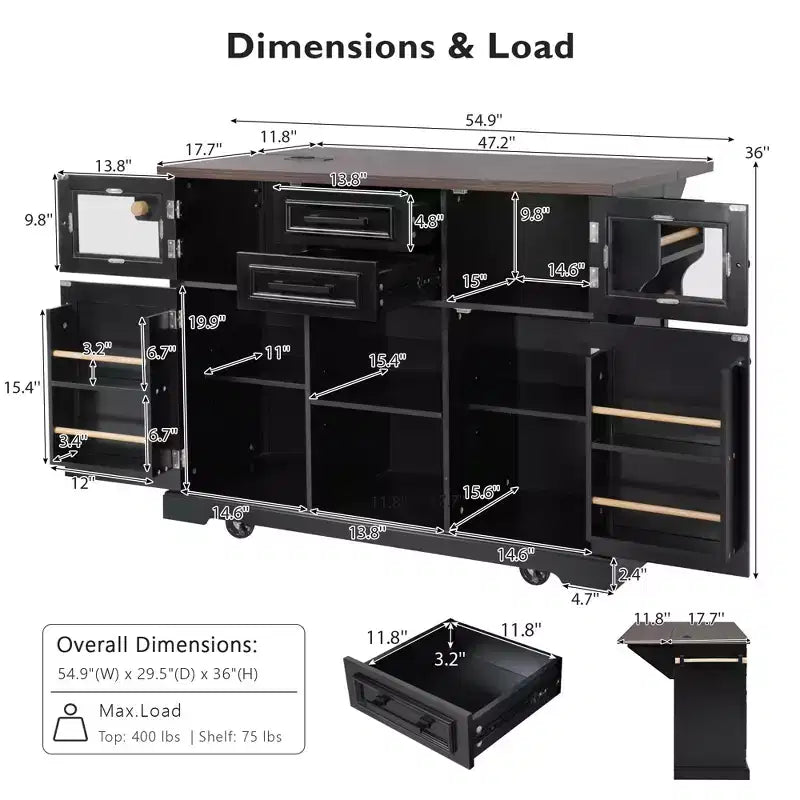 Isola da Cucina sumyeg 54.9 con Piano Ribaltabile, Presa Elettrica, Carrello Contenitore con Ante in Vetro e a Battente, 4 Ripiani e Ruote (Senza Sgabelli)