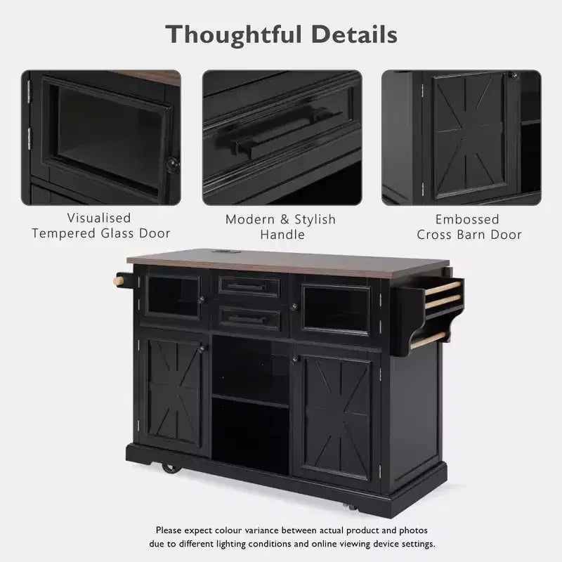 Isola da Cucina sumyeg 54.9 con Piano Ribaltabile, Presa Elettrica, Carrello Contenitore con Ante in Vetro e a Battente, 4 Ripiani e Ruote (Senza Sgabelli)