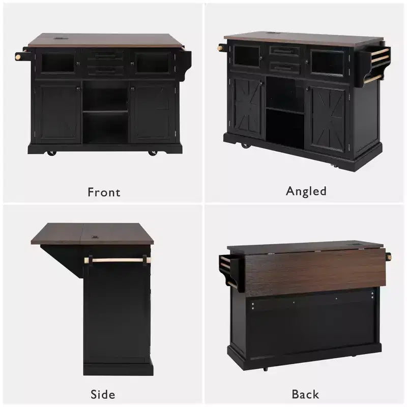 Isola da Cucina sumyeg 54.9 con Piano Ribaltabile, Presa Elettrica, Carrello Contenitore con Ante in Vetro e a Battente, 4 Ripiani e Ruote (Senza Sgabelli)