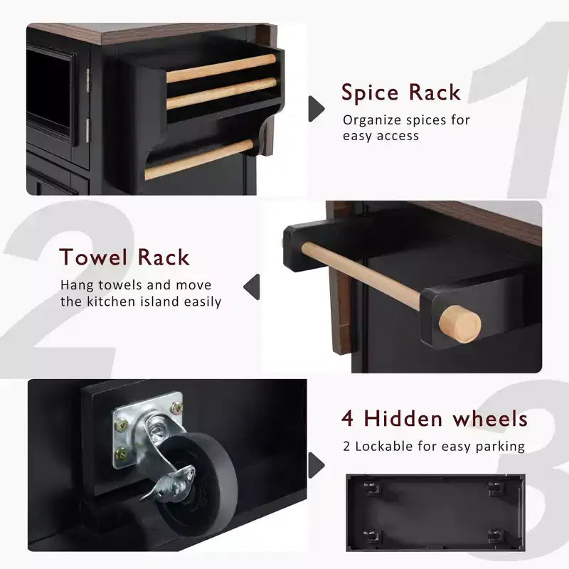 Isola da Cucina sumyeg 54.9 con Piano Ribaltabile, Presa Elettrica, Carrello Contenitore con Ante in Vetro e a Battente, 4 Ripiani e Ruote (Senza Sgabelli)