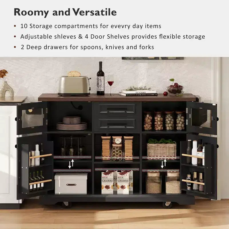 Isola da Cucina sumyeg 54.9 con Piano Ribaltabile, Presa Elettrica, Carrello Contenitore con Ante in Vetro e a Battente, 4 Ripiani e Ruote (Senza Sgabelli)