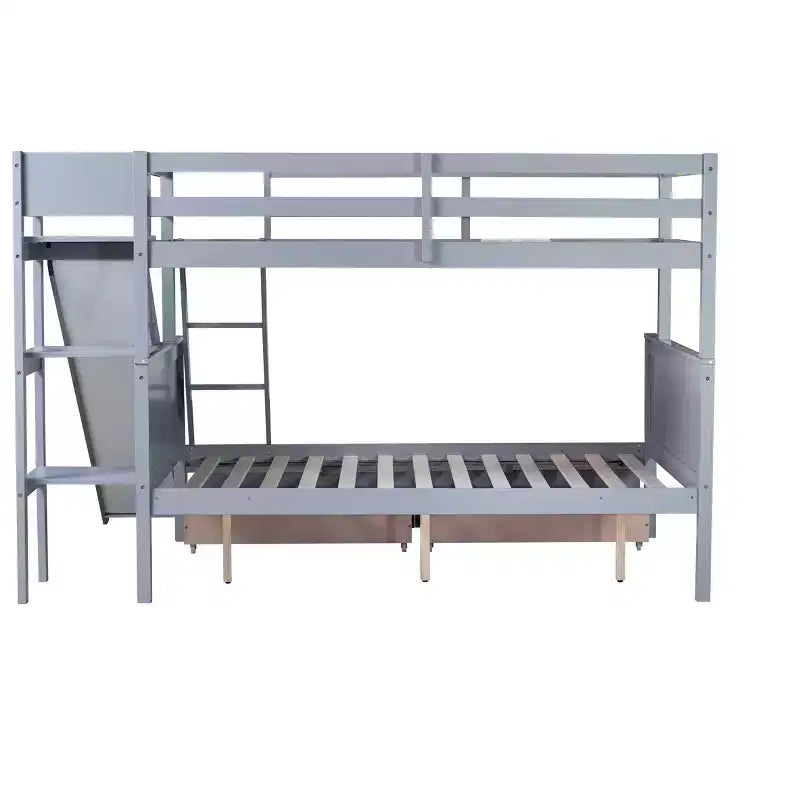 Letto a castello Twin su Full con 2 cassetti e mensole per bambini, letto a castello in legno con scaletta e scivolo