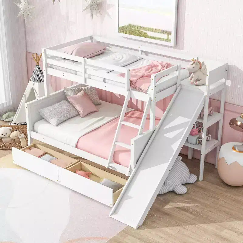 Letto a castello Twin su Full con 2 cassetti e mensole per bambini, letto a castello in legno con scaletta e scivolo