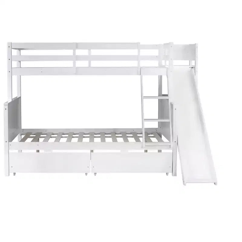 Letto a castello Twin su Full con 2 cassetti e mensole per bambini, letto a castello in legno con scaletta e scivolo