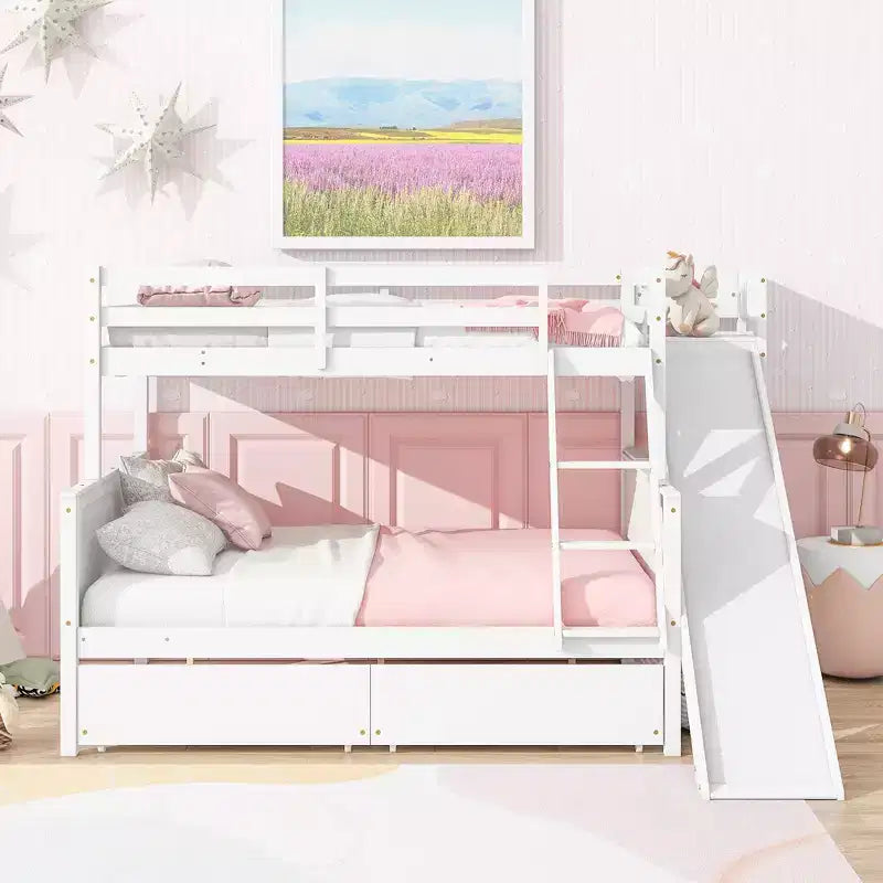 Letto a castello Twin su Full con 2 cassetti e mensole per bambini, letto a castello in legno con scaletta e scivolo